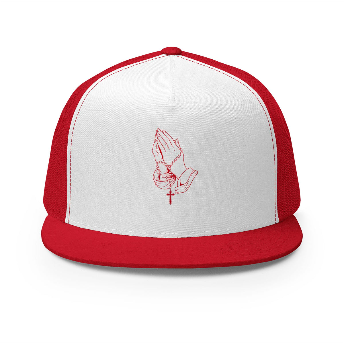 Omnia Divina - Praying Hands with Rosary Trucker Cap – Red Design