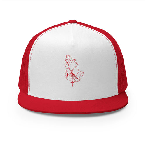 Omnia Divina - Praying Hands with Rosary Trucker Cap – Red Design