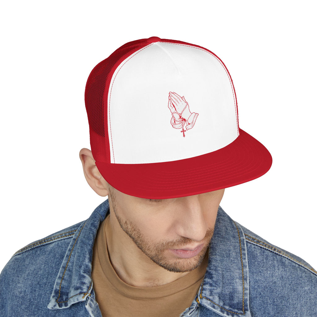Omnia Divina - Praying Hands with Rosary Trucker Cap – Red Design