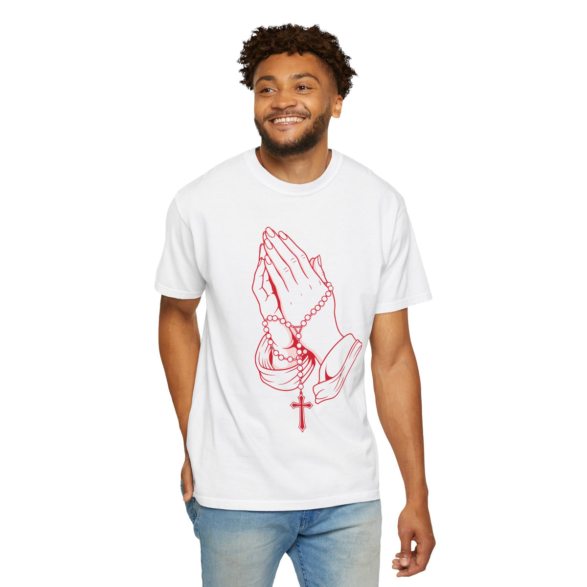 XL Prayer Hands with Rosary T-Shirt — Omnia Divina Music Graphic Tee