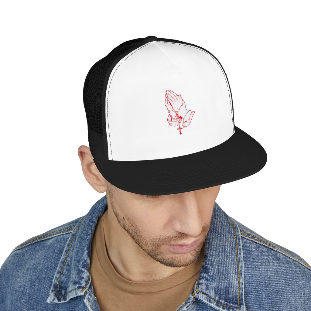 Omnia Divina - Praying Hands with Rosary Trucker Cap – Red Design