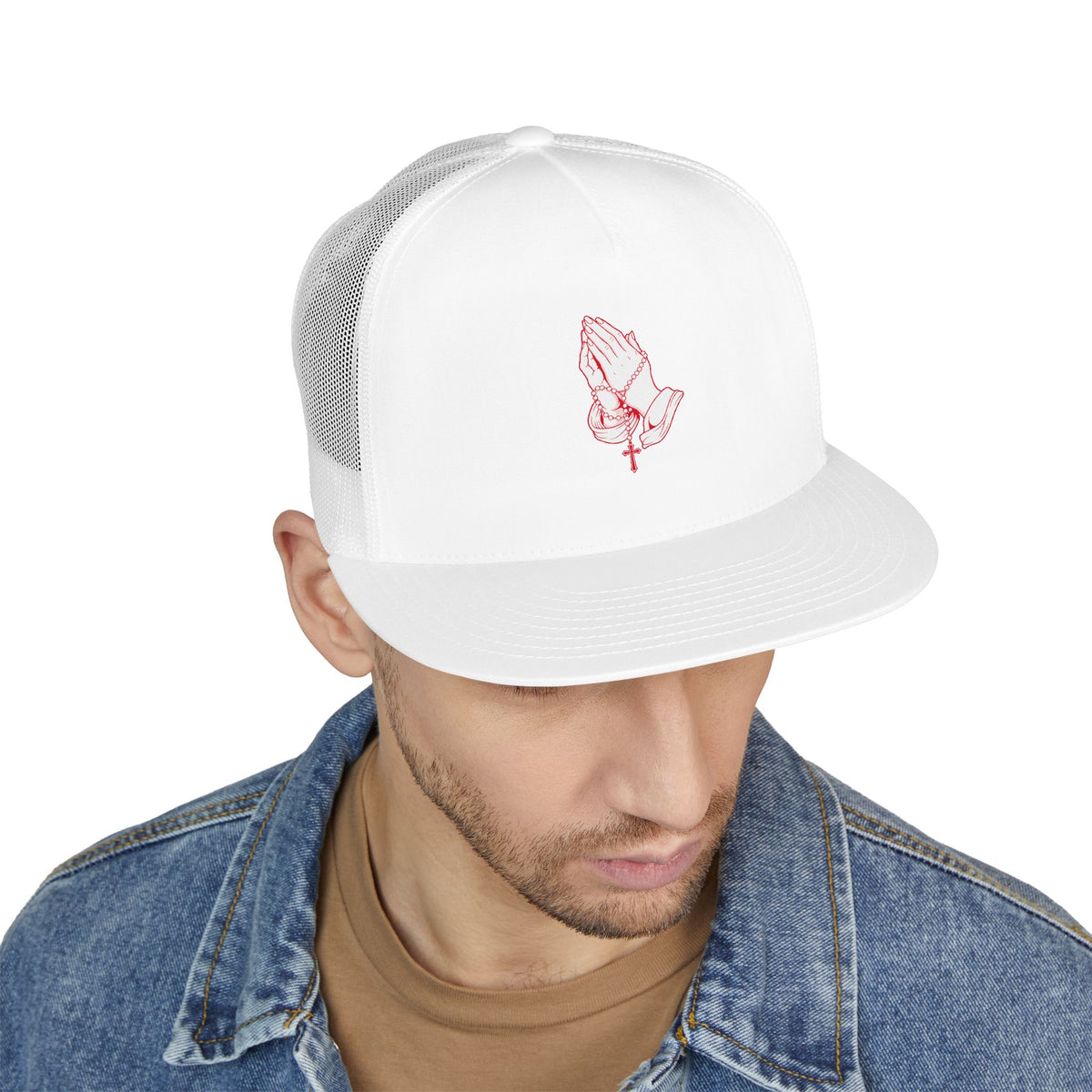 Omnia Divina - Praying Hands with Rosary Trucker Cap – Red Design